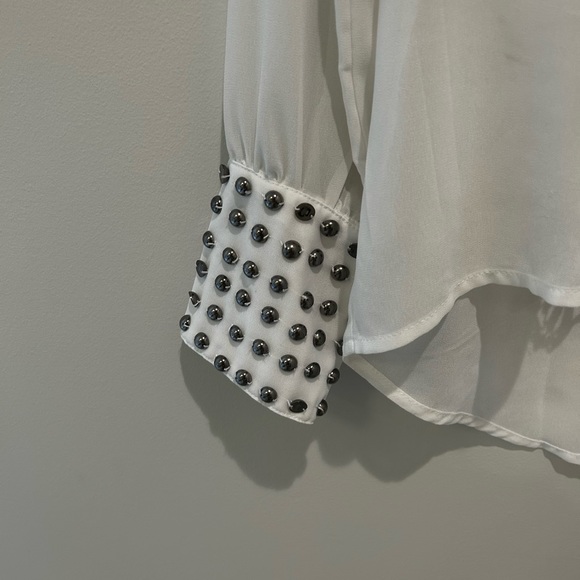 Sheer Cream Open Lace Front Blouse with Buttons Down Back Studded Wrist - Picture 3 of 3